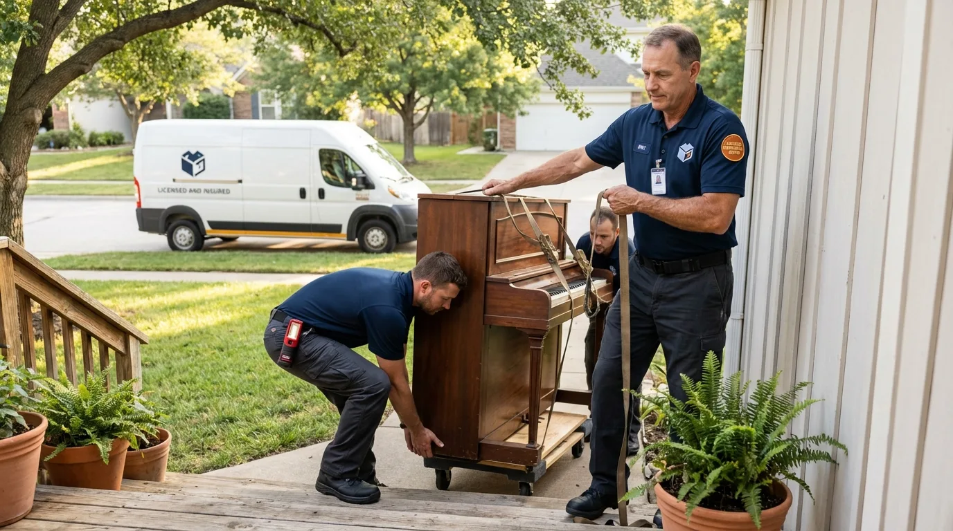 Licensed piano movers securing grand piano in Glenwood, IL