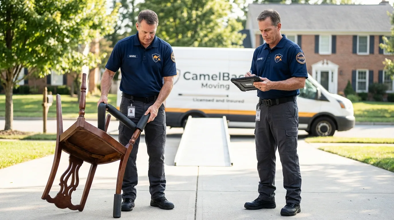 Movers inspecting furniture for damage prevention before loading in Glenwood, IL