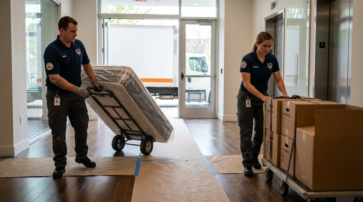 Professional apartment movers loading elevator in Glenwood, IL