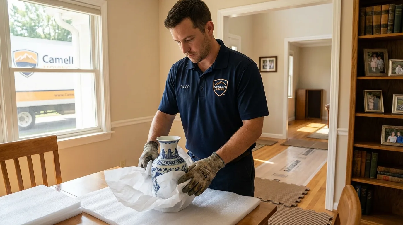 Professional crew carefully wrapping antique vase for senior downsizing move in Glenwood, IL
