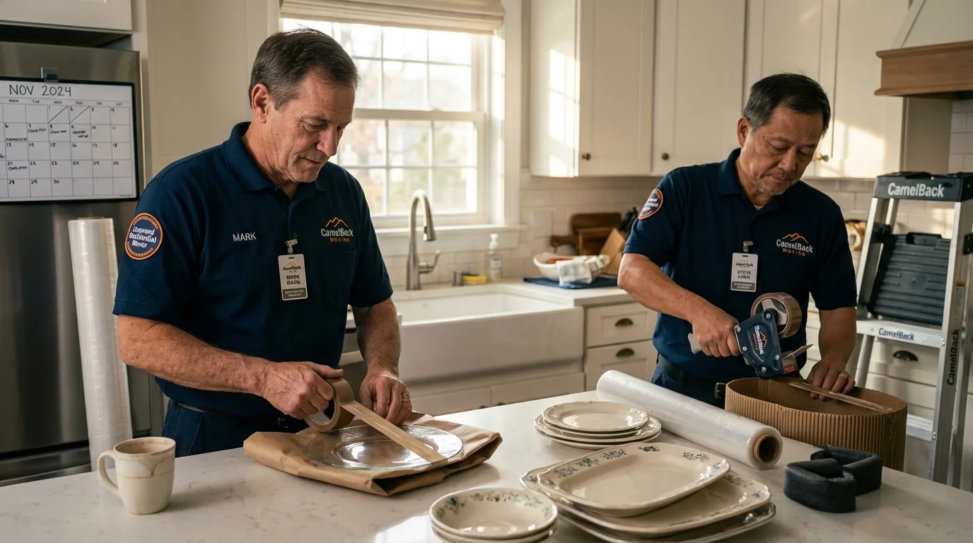 Professional crew packing kitchen dishware in Glenwood, IL